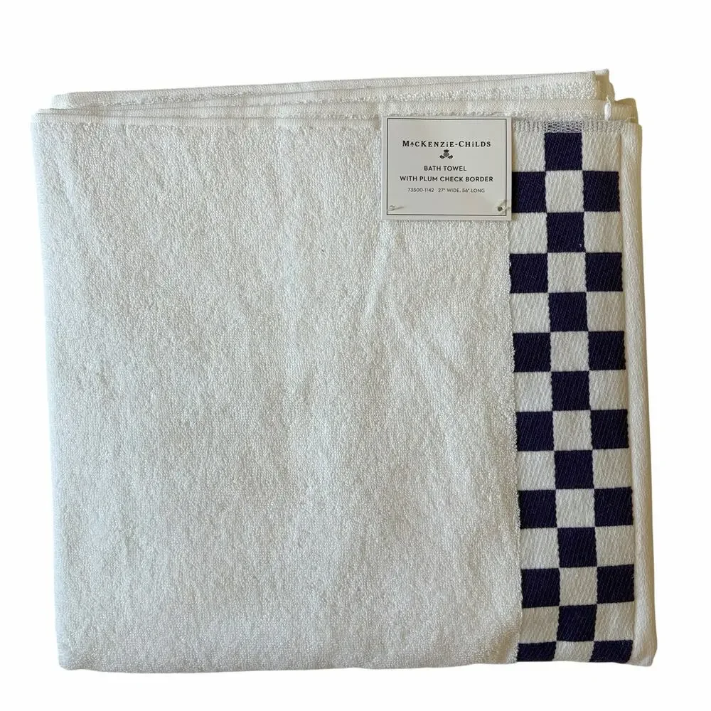 NEW Mackenzie-Childs Cotton Bath Towel with Violet Check Border